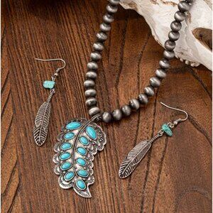 Imitation Turquoise & Silver Tone Feather Necklace & Earrings Set